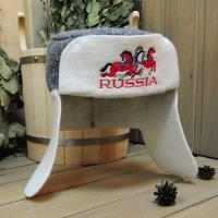 Шапка для бани и сауны мужская Ушанка RUSSIA Тройка, полушерсть от фабрики RUШER