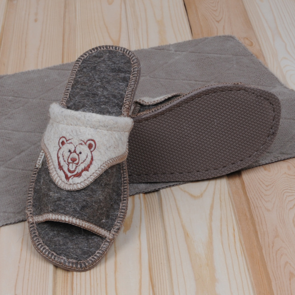 Тапочки войлочные мужские БУРУНДУК открытые 'Медведь', 100% шерсть в Новосибирске